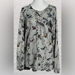 Quacker Factory Gray Sweater Cardigan Sz XL Bird Butterfly Print Sequin Fairy